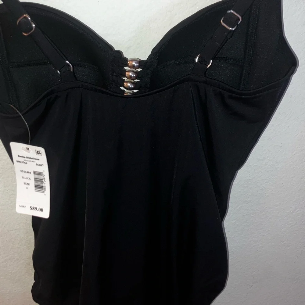 NWT Swim Solutions Shirred Tummy-Control One-Piece Swimsuit Black w Gold Bead - Picture 5 of 8